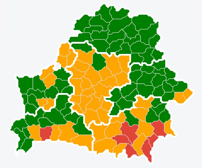 Красным цветом обозначены районы, посещение которых запрещено, желтым — ограничено. Карта актуальна на 10 мая 2022 года. Фото: mlh.by