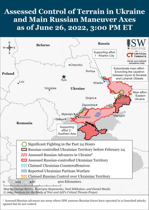 Карта боевых действий на вечер 26 июня. Изображение: understandingwar.org