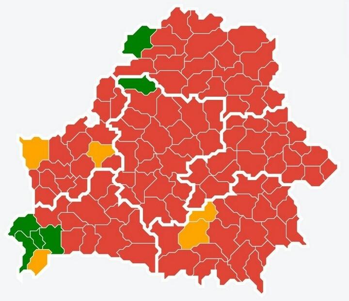 Карта запретов и ограничений на посещение лесов в районах Республики Беларусь, вечер 9 сентября. Иллюстрация: Министерство лесного хозяйства