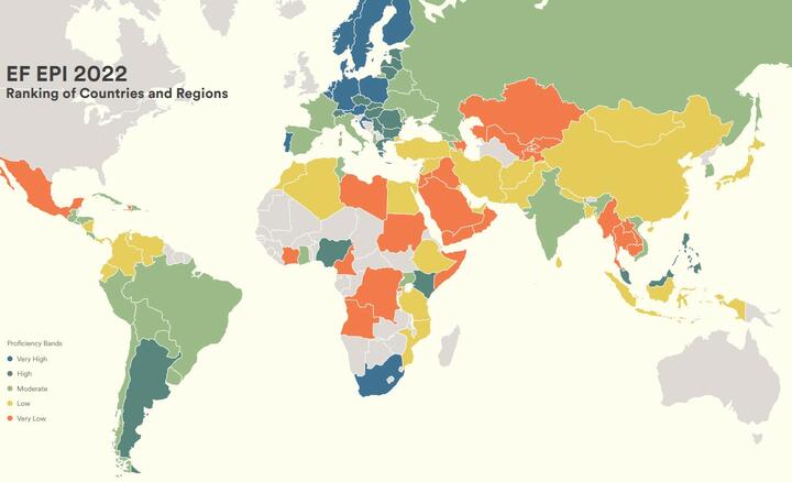 Карта уровня владения английским. Скриншот EF EPI 2022