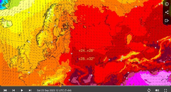 Прогноз ECMWF на погоду в Беларуси днем 22-23 сентября. Скриншот: телеграм-канал @nadvorie